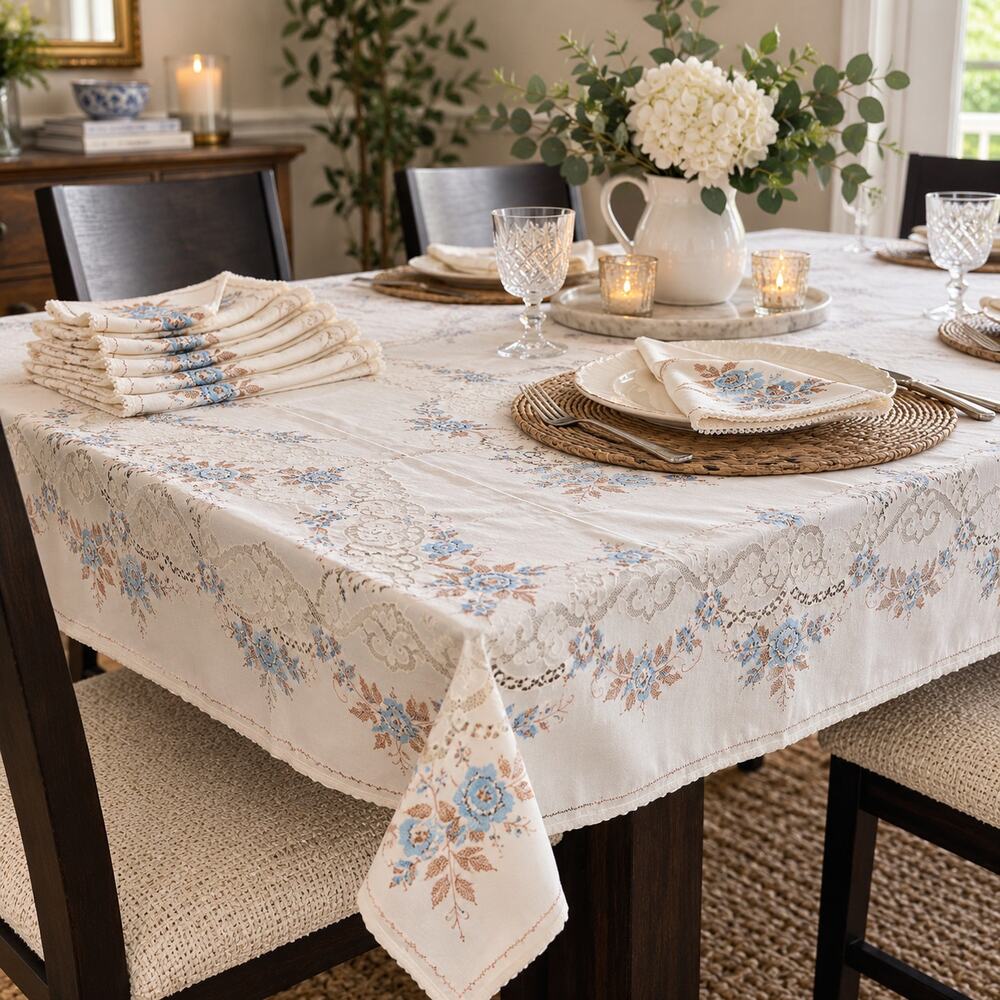 Vintage Spanish Tablecloth 56x84 + 8 Napkins Blue Floral Lace 9 Pc Set